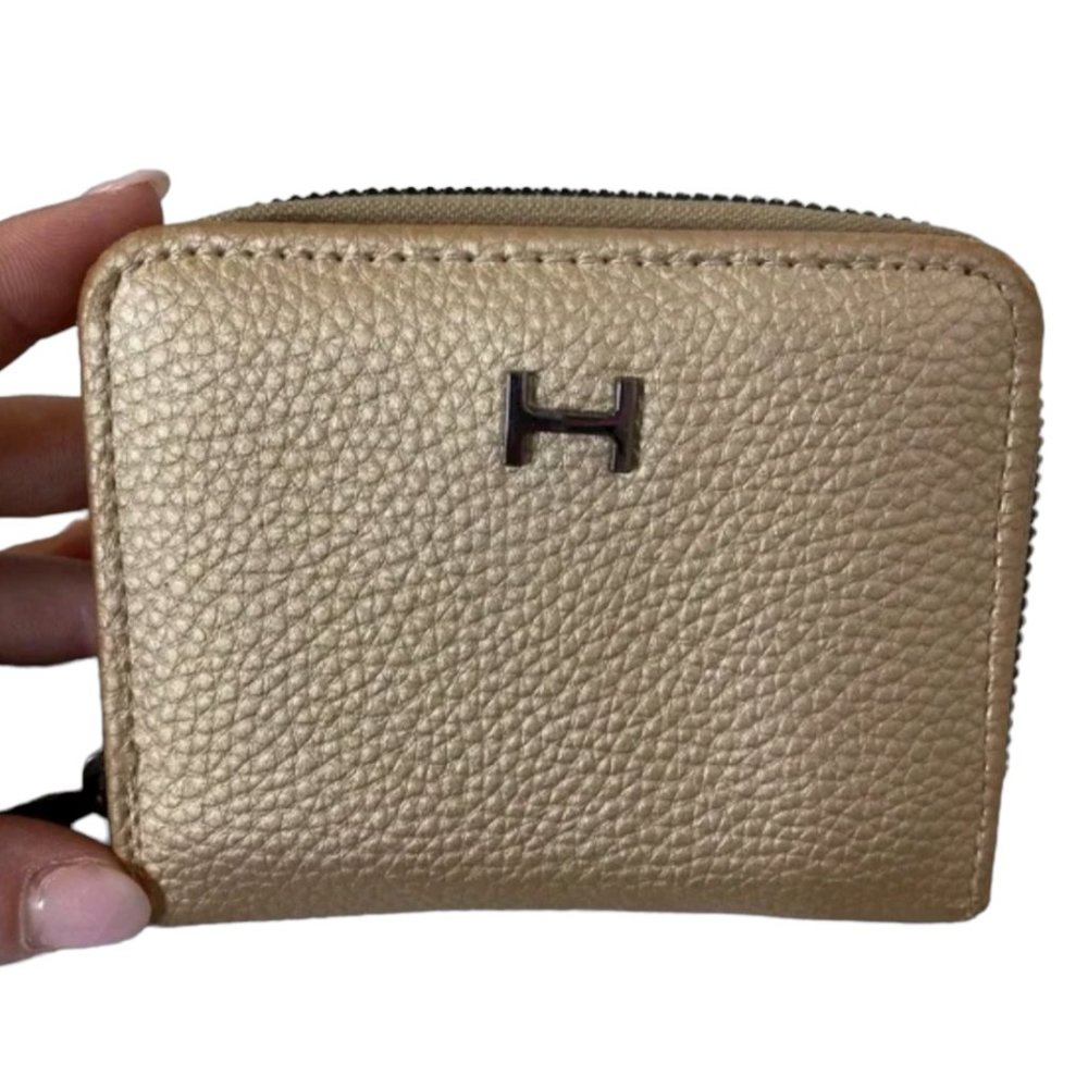 H By Halston Leather Gold Champagne Square Zip Around Wallet
